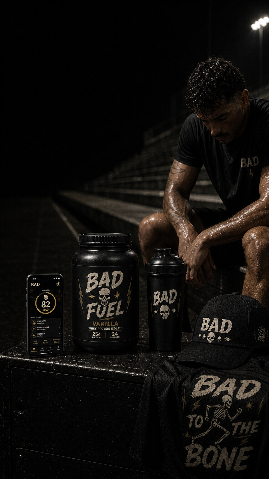 BAD campaign hero with the app, Fuel, run cap, and BAD TO THE BONE tee
